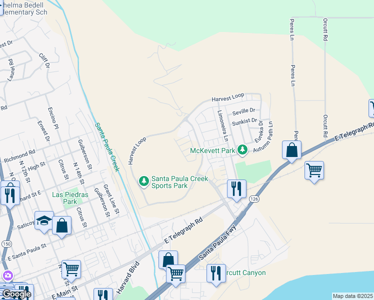 map of restaurants, bars, coffee shops, grocery stores, and more near 1882 Coffeeberry Road in Santa Paula