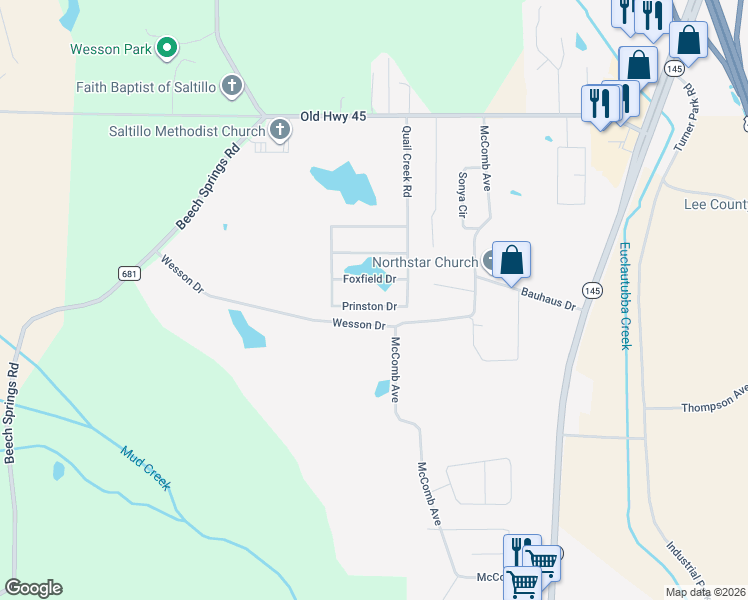 map of restaurants, bars, coffee shops, grocery stores, and more near 126 Prinston Drive in Saltillo