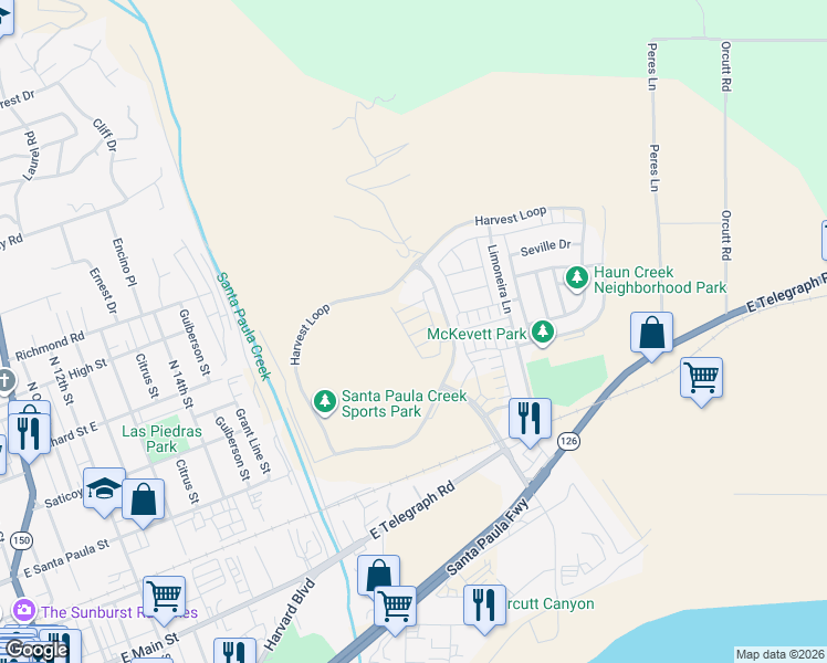 map of restaurants, bars, coffee shops, grocery stores, and more near 1845 Coffeeberry Road in Santa Paula