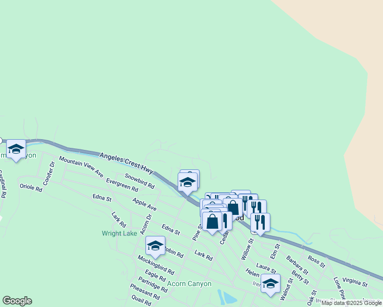 map of restaurants, bars, coffee shops, grocery stores, and more near 6326 Bluebird Road in Wrightwood