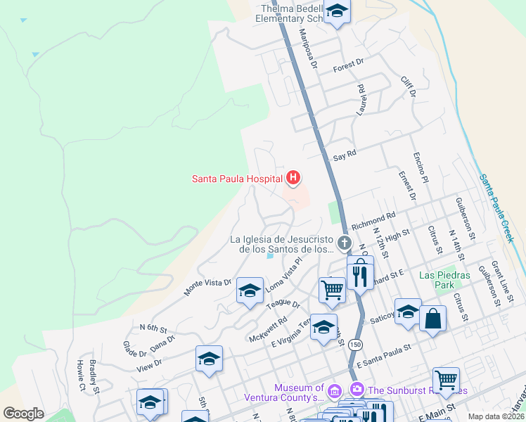map of restaurants, bars, coffee shops, grocery stores, and more near 815 Vista Grande Drive in Santa Paula