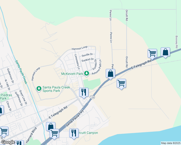 map of restaurants, bars, coffee shops, grocery stores, and more near 364 Autumn Path Lane in Santa Paula