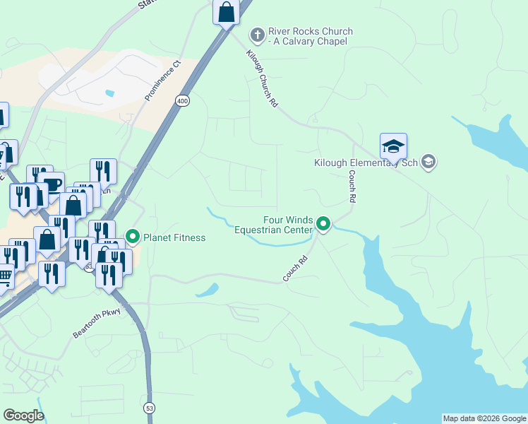 map of restaurants, bars, coffee shops, grocery stores, and more near 611 Couch Road in Dawsonville
