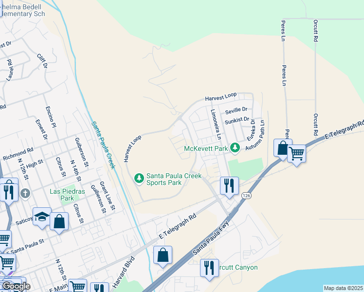 map of restaurants, bars, coffee shops, grocery stores, and more near Coffeeberry Road in Santa Paula