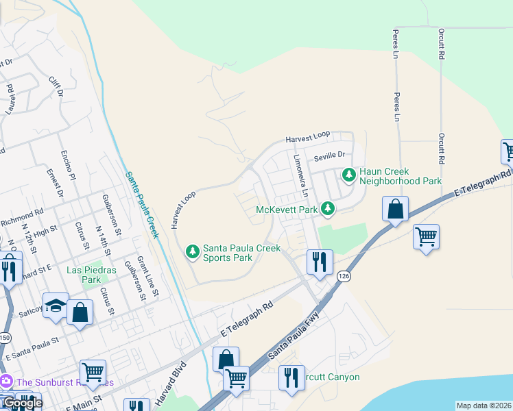 map of restaurants, bars, coffee shops, grocery stores, and more near 1845 Coffeeberry Road in Santa Paula