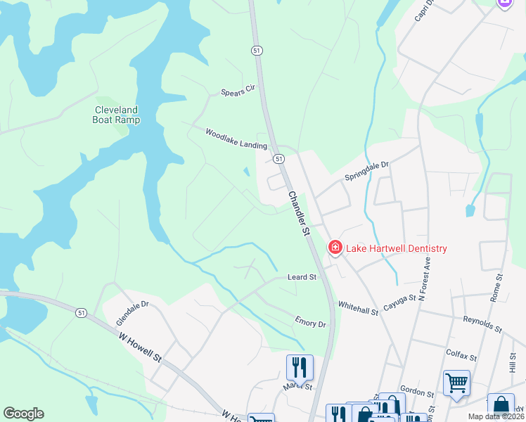 map of restaurants, bars, coffee shops, grocery stores, and more near 70 Golden Oaks Drive in Hartwell