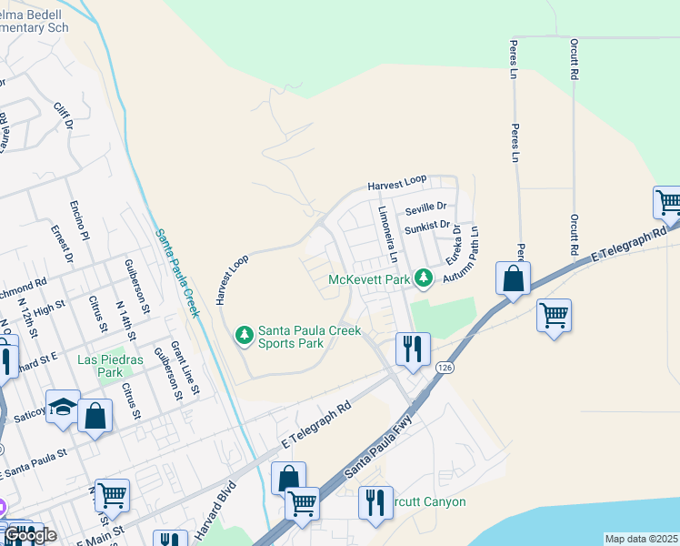 map of restaurants, bars, coffee shops, grocery stores, and more near 439 Snowdrop Lane in Santa Paula