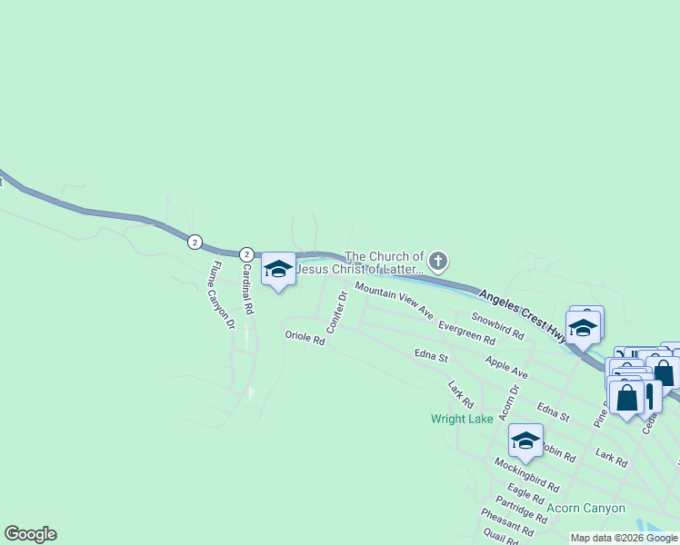 map of restaurants, bars, coffee shops, grocery stores, and more near 646 Mountain View Avenue in Wrightwood