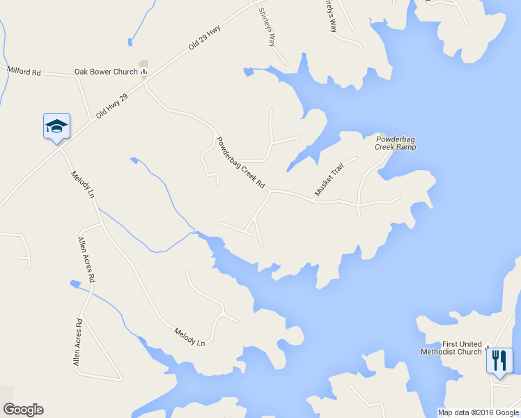 map of restaurants, bars, coffee shops, grocery stores, and more near 98 Watersedge Drive in Hartwell