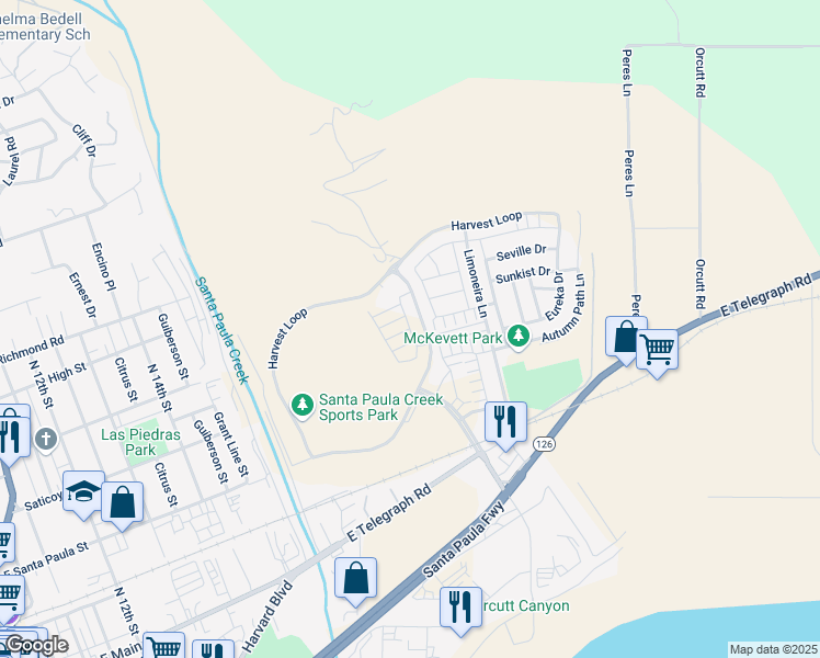 map of restaurants, bars, coffee shops, grocery stores, and more near Coffeeberry Road in Santa Paula