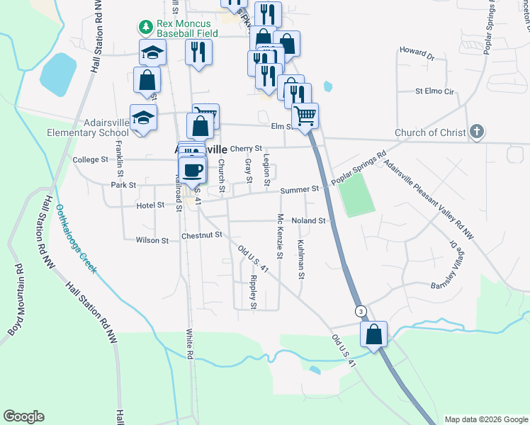 map of restaurants, bars, coffee shops, grocery stores, and more near 107 Noland Street in Adairsville