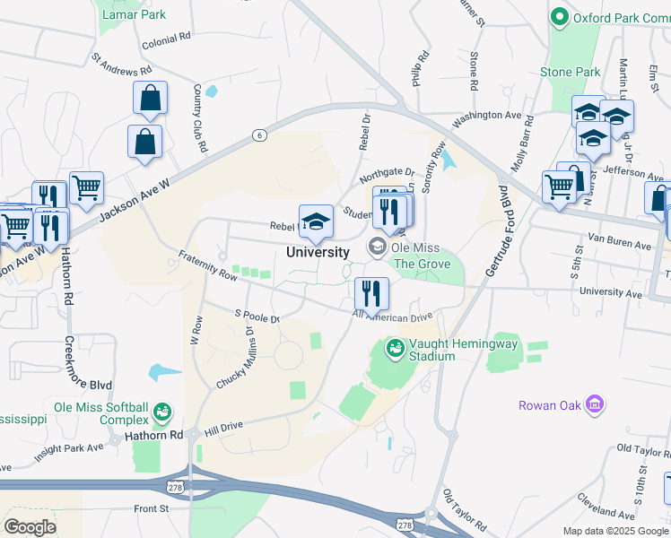 map of restaurants, bars, coffee shops, grocery stores, and more near 1520 University Circle in Oxford