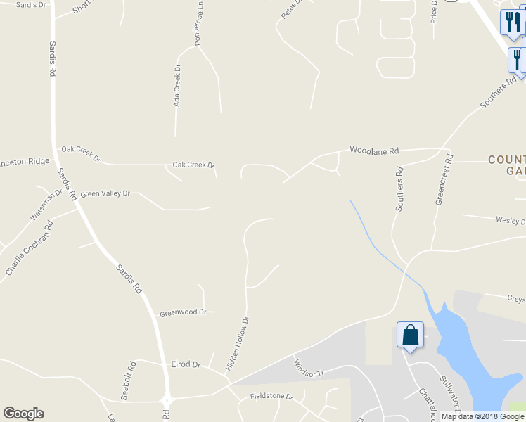 map of restaurants, bars, coffee shops, grocery stores, and more near 4065 Hidden Hollow Drive in Gainesville