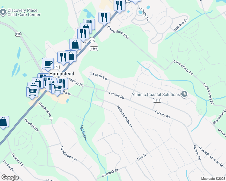 map of restaurants, bars, coffee shops, grocery stores, and more near 392-590 Factory Road in Hampstead