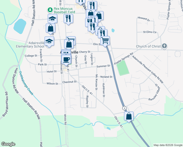 map of restaurants, bars, coffee shops, grocery stores, and more near 107 Noland Street in Adairsville