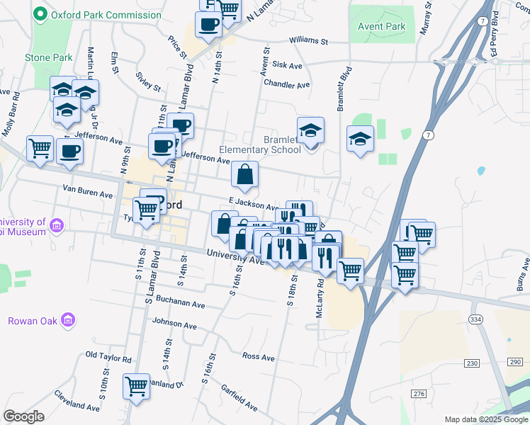 map of restaurants, bars, coffee shops, grocery stores, and more near 104 Tanglewood Drive in Oxford