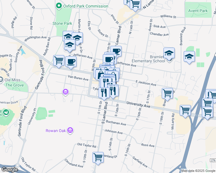 map of restaurants, bars, coffee shops, grocery stores, and more near 401 South Lamar Boulevard in Oxford