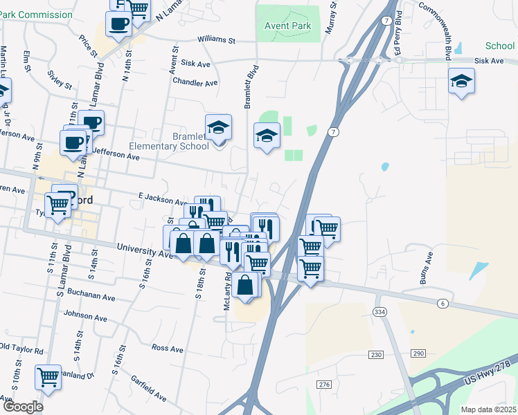 map of restaurants, bars, coffee shops, grocery stores, and more near Magnolia Cove in Oxford