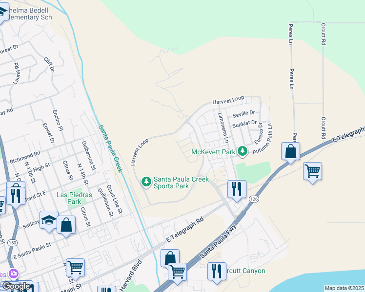 map of restaurants, bars, coffee shops, grocery stores, and more near 1865 Jojoba Drive in Santa Paula