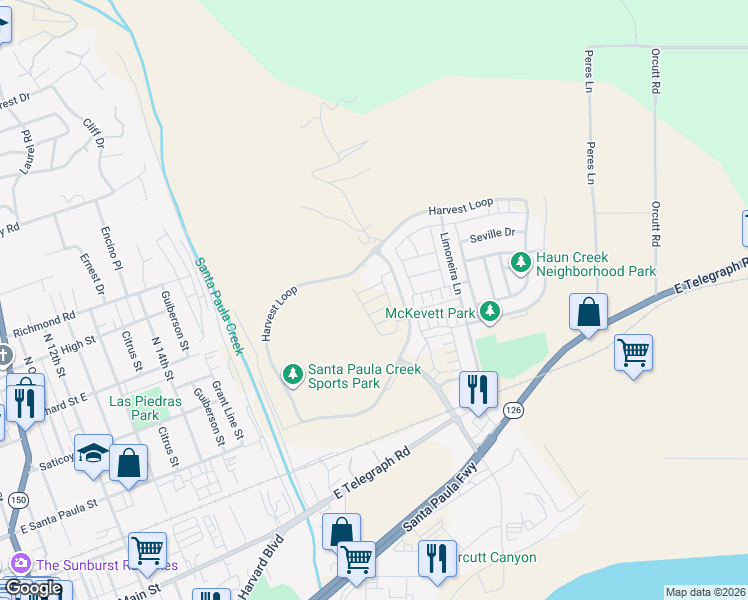 map of restaurants, bars, coffee shops, grocery stores, and more near 1860 Flannel Drive in Santa Paula
