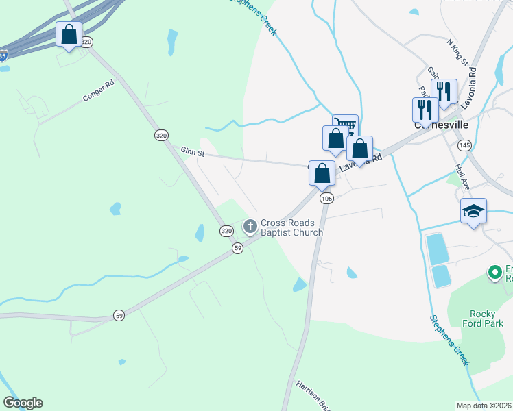 map of restaurants, bars, coffee shops, grocery stores, and more near 155 Crestview Drive in Carnesville