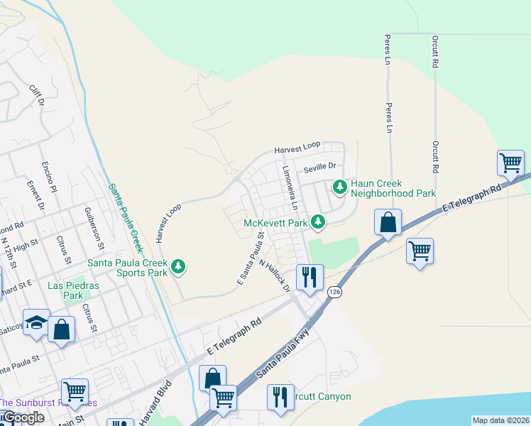 map of restaurants, bars, coffee shops, grocery stores, and more near 1936 Tangelo Way in Santa Paula