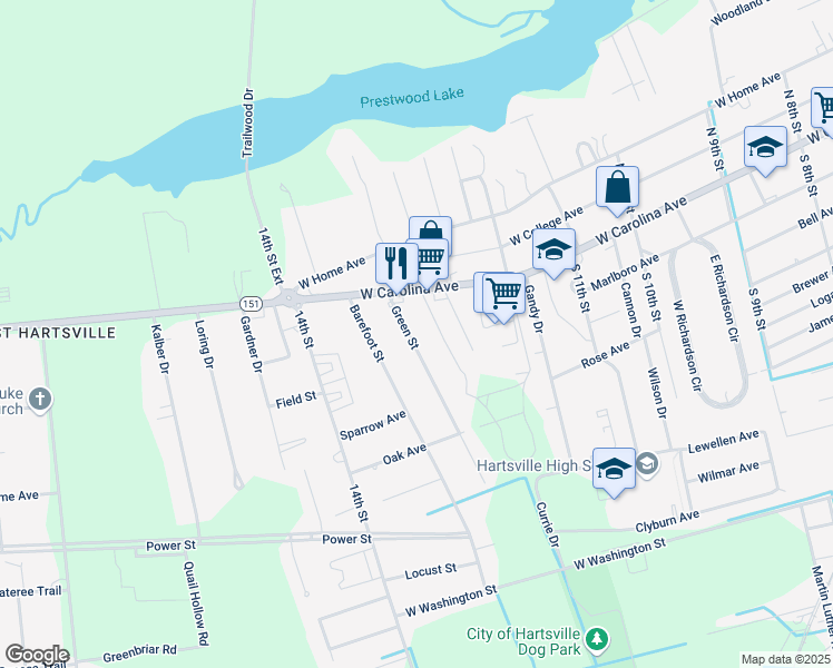 map of restaurants, bars, coffee shops, grocery stores, and more near 213 Green Street in Hartsville