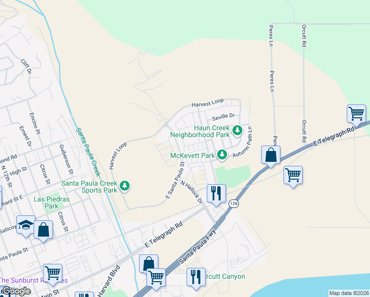 map of restaurants, bars, coffee shops, grocery stores, and more near 1936 Tangelo Way in Santa Paula
