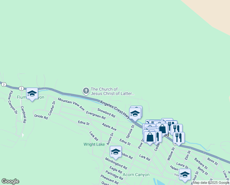 map of restaurants, bars, coffee shops, grocery stores, and more near 1044 Yellowstone Drive in Wrightwood