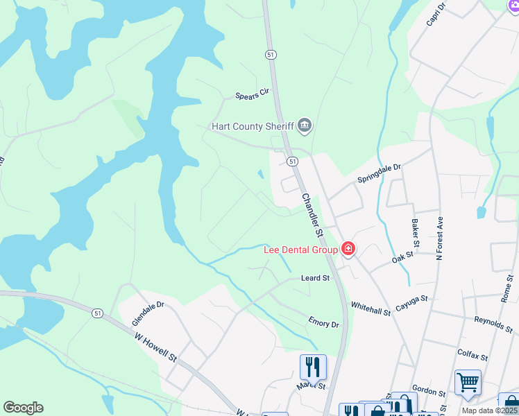 map of restaurants, bars, coffee shops, grocery stores, and more near 70 Golden Oaks Drive in Hartwell