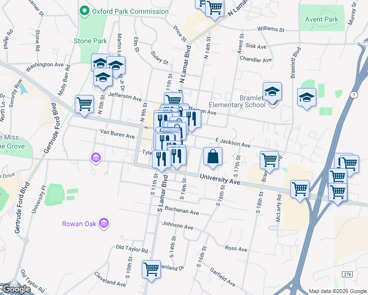 map of restaurants, bars, coffee shops, grocery stores, and more near 310 South 15th Street in Oxford