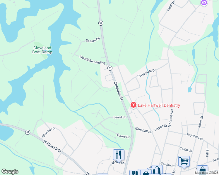 map of restaurants, bars, coffee shops, grocery stores, and more near 20 Golden Oaks Drive in Hartwell