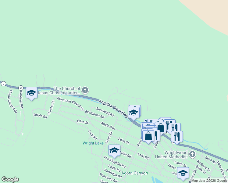 map of restaurants, bars, coffee shops, grocery stores, and more near 1050 Rivera Drive in Wrightwood
