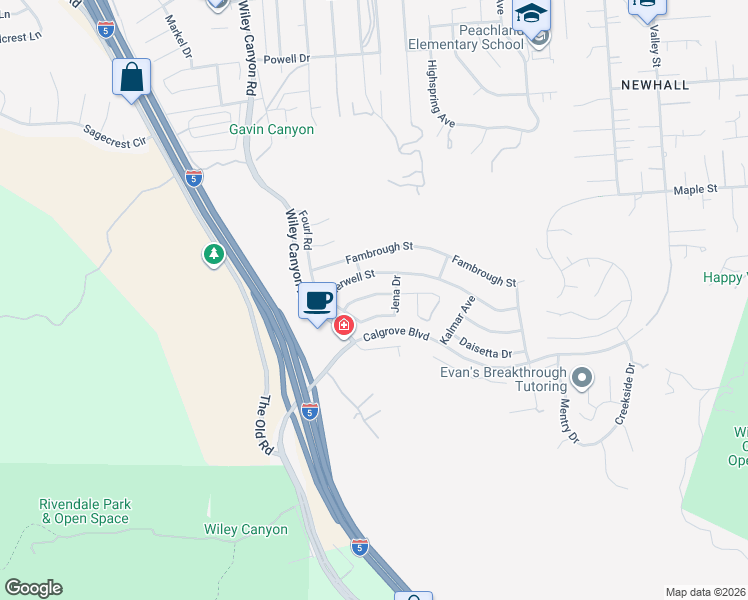 map of restaurants, bars, coffee shops, grocery stores, and more near 23826 Adamsboro Drive in Santa Clarita