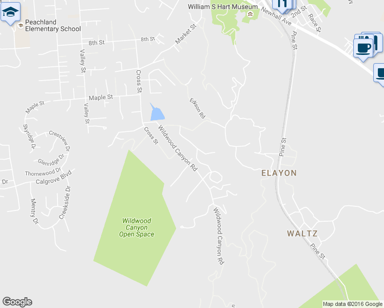 map of restaurants, bars, coffee shops, grocery stores, and more near 24022 Wildwood Canyon Road in Santa Clarita