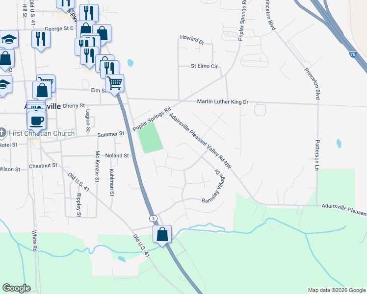 map of restaurants, bars, coffee shops, grocery stores, and more near 106 Barnsley Village Drive in Adairsville