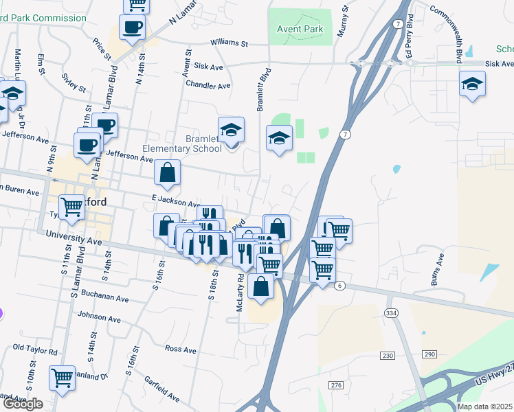 map of restaurants, bars, coffee shops, grocery stores, and more near 306-310 Bramlett Boulevard in Oxford