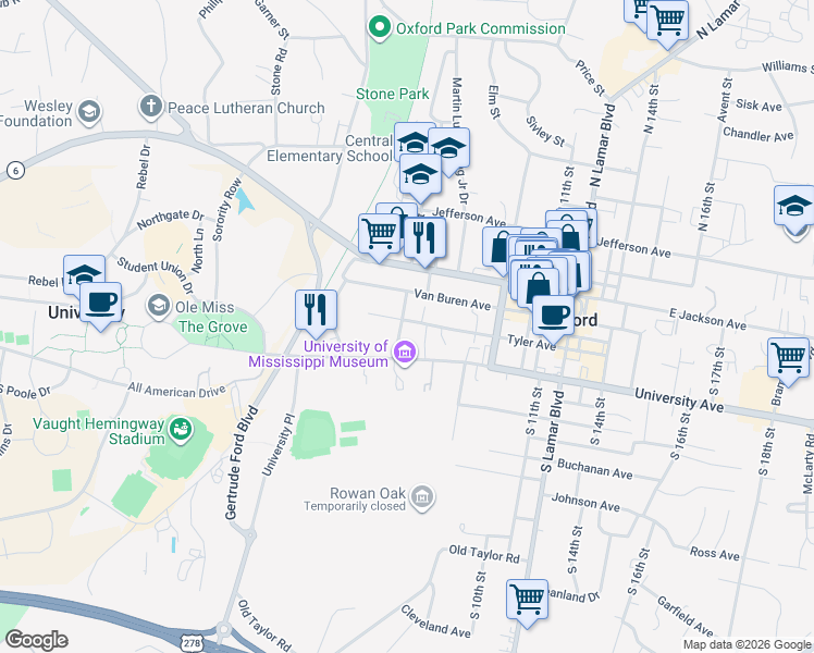 map of restaurants, bars, coffee shops, grocery stores, and more near 304 South 5th Street in Oxford