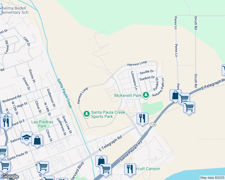 map of restaurants, bars, coffee shops, grocery stores, and more near in Santa Paula