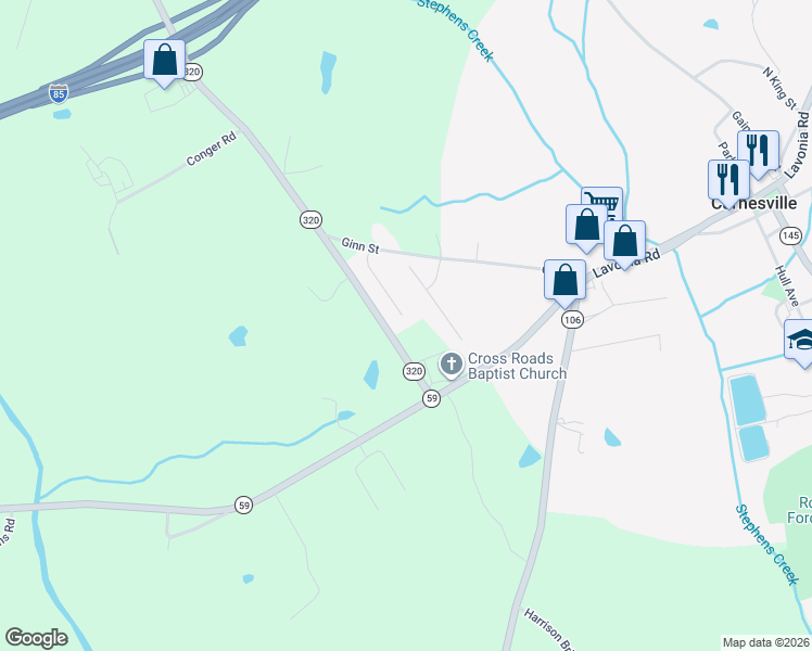 map of restaurants, bars, coffee shops, grocery stores, and more near 201 Crestview Drive in Carnesville