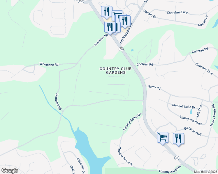 map of restaurants, bars, coffee shops, grocery stores, and more near 3557 Meadow Lane in Gainesville