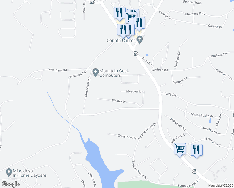 map of restaurants, bars, coffee shops, grocery stores, and more near 3569 Meadow Lane in Gainesville
