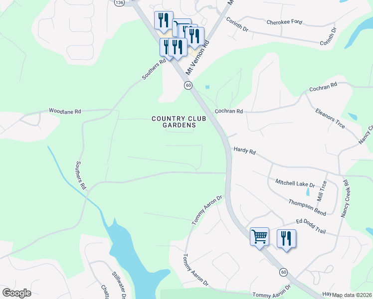 map of restaurants, bars, coffee shops, grocery stores, and more near 3529 Meadow Lane in Gainesville