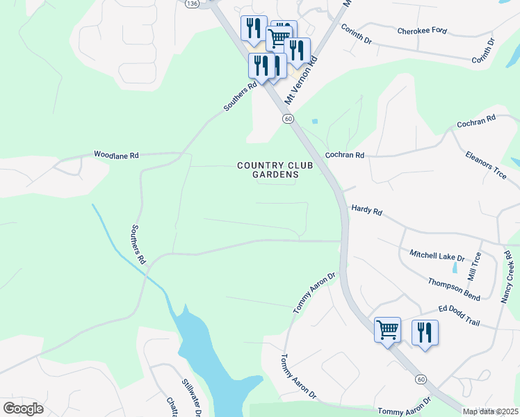 map of restaurants, bars, coffee shops, grocery stores, and more near 3557 Meadow Lane in Gainesville