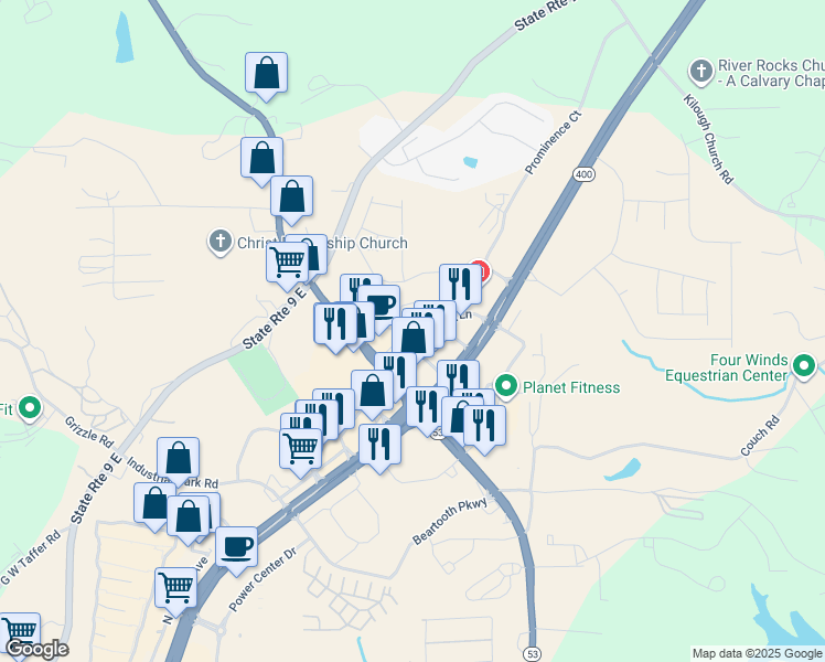 map of restaurants, bars, coffee shops, grocery stores, and more near 100 N 400 Center Ln in Dawsonville
