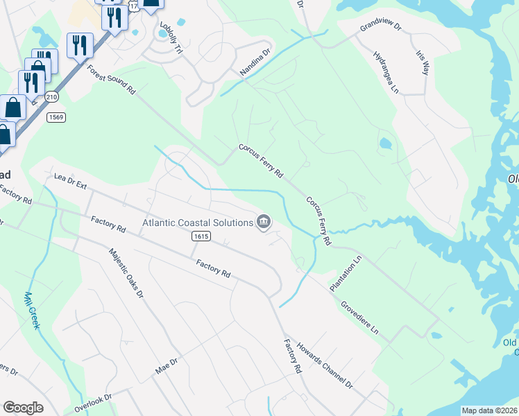map of restaurants, bars, coffee shops, grocery stores, and more near 838 Corcus Ferry Road in Hampstead