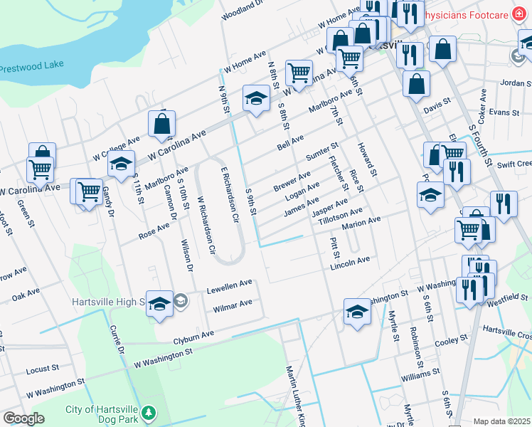 map of restaurants, bars, coffee shops, grocery stores, and more near 424 Logan Avenue in Hartsville