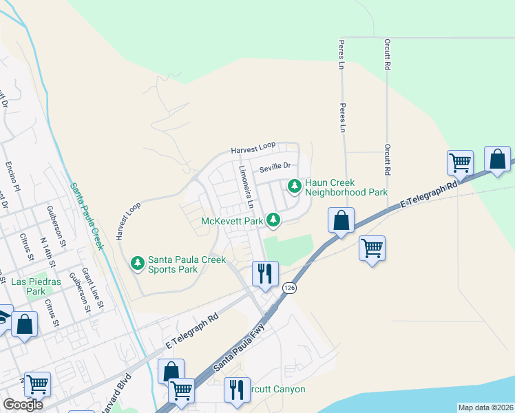 map of restaurants, bars, coffee shops, grocery stores, and more near 422 Tibbetts Street in Santa Paula