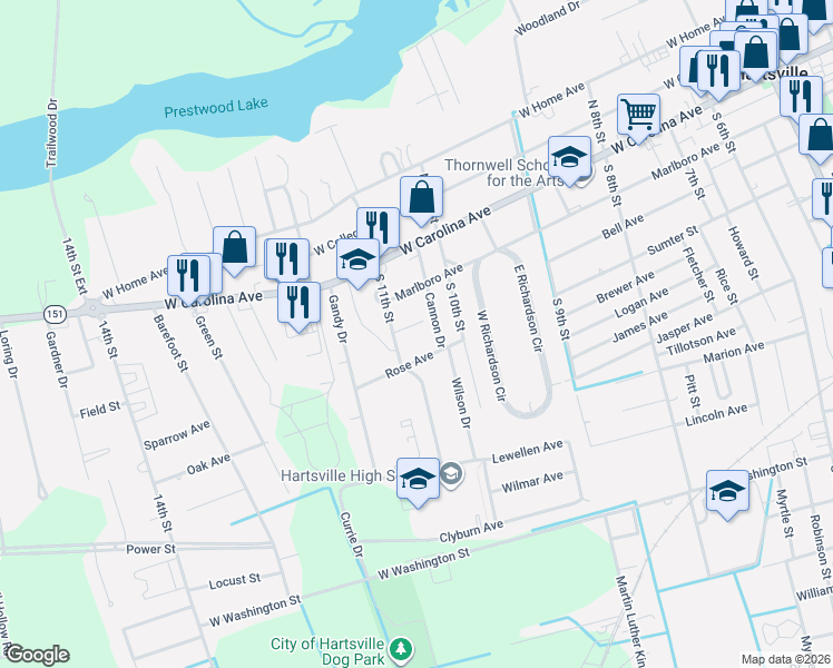 map of restaurants, bars, coffee shops, grocery stores, and more near 216 Cannon Drive in Hartsville