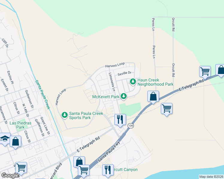 map of restaurants, bars, coffee shops, grocery stores, and more near Fuerte Drive in Santa Paula